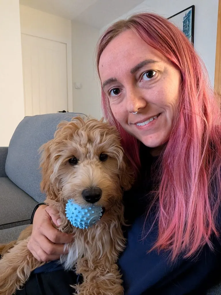 Faye, who has pink hair, holding Copper while he chews a blue spiky ball
